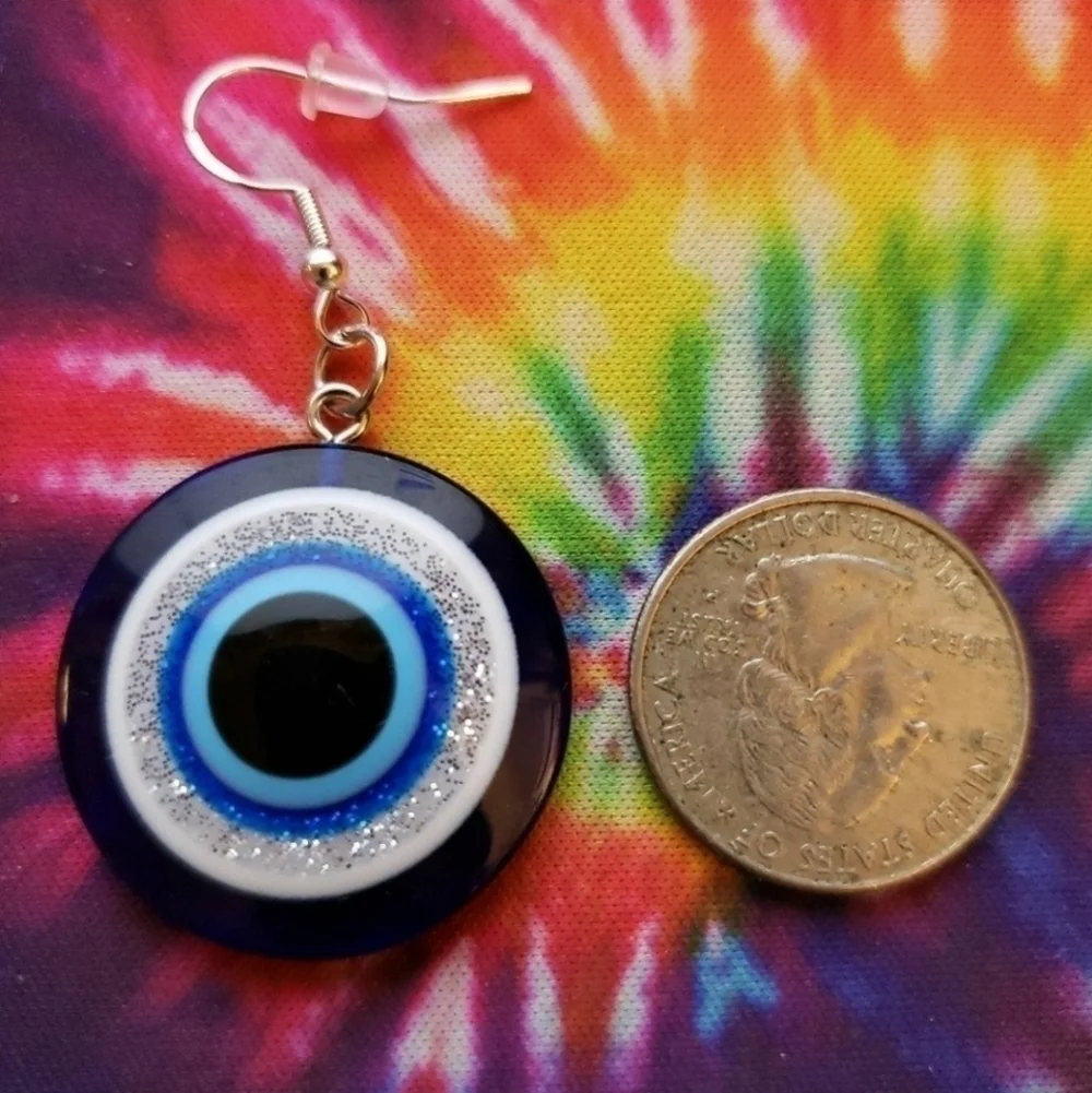 Handmade Resin Blue Glitter Evil Eye Earrings